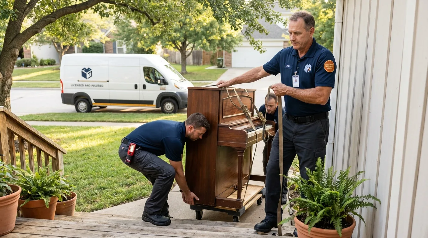 Licensed piano movers securing grand piano in Whitehouse Station, NJ