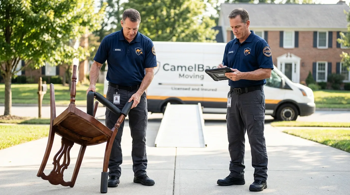 Movers inspecting furniture for damage prevention before loading in Whitehouse Station, NJ